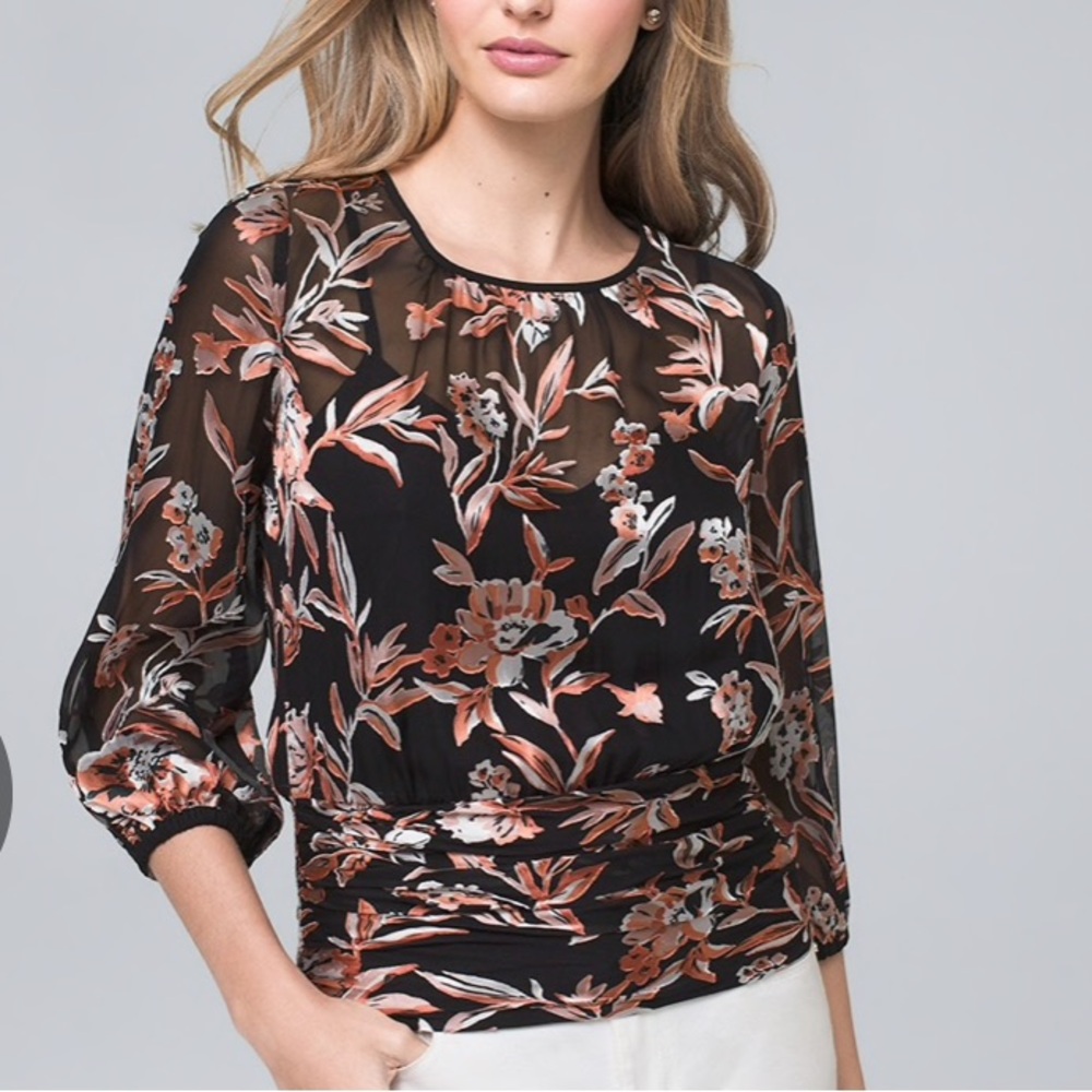 WHBM FLORAL BURNOUT DRAPED BACK BLOUSE